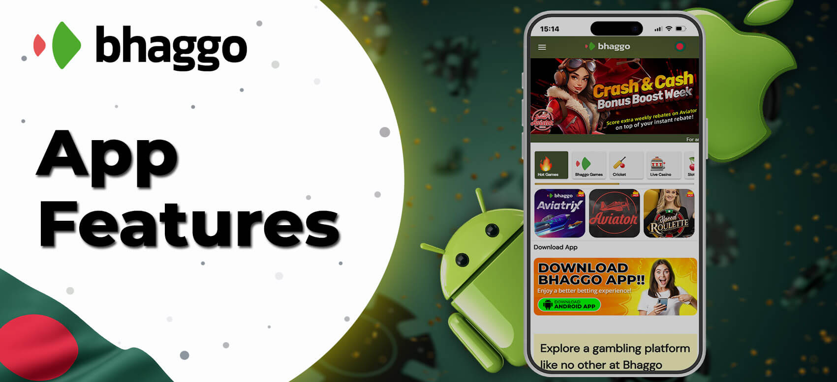 Bhaggo app home screen interface showcasing key technical features, with iOS and Android platform logos.