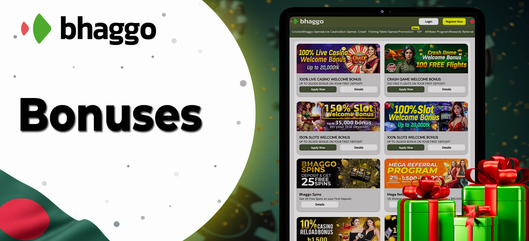 Bonuses for players from Bangladesh: 200% welcome bonus, 100% casino welcome bonus, instant deposit bonus, Bhaggo spins, mega referral program
