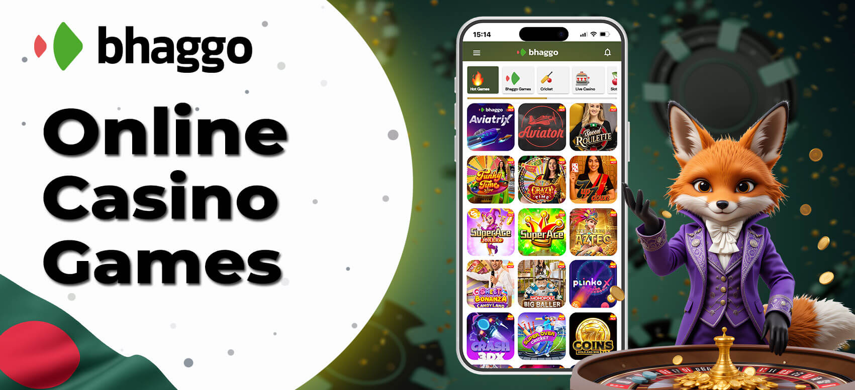 Popular online casino games on Bhaggo, mostly available in demo mode: slot games, crash games, fishing, table games, Bhaggo games, and live casino