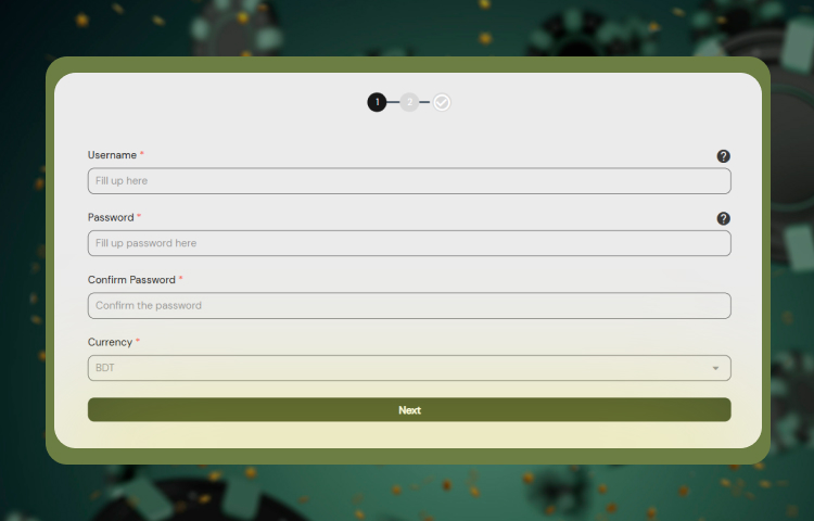 Fill in the registration form with username, password, and select BDT as main currency